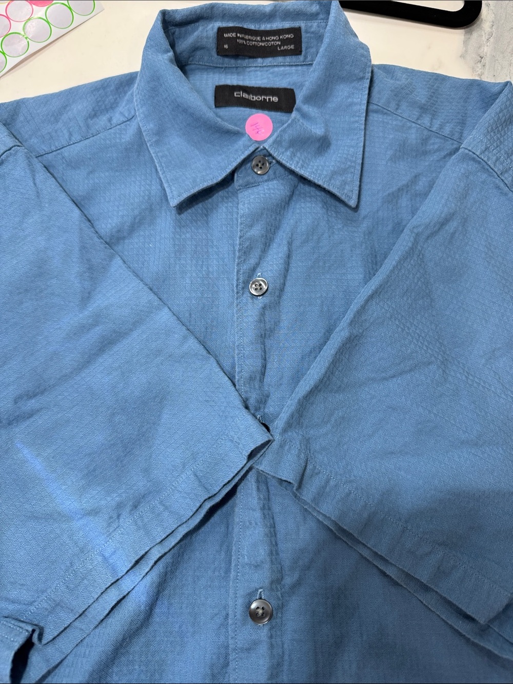 Claiborne Button Up Shirt Mens Large Blue Good Textured Short Sleeve Cotton